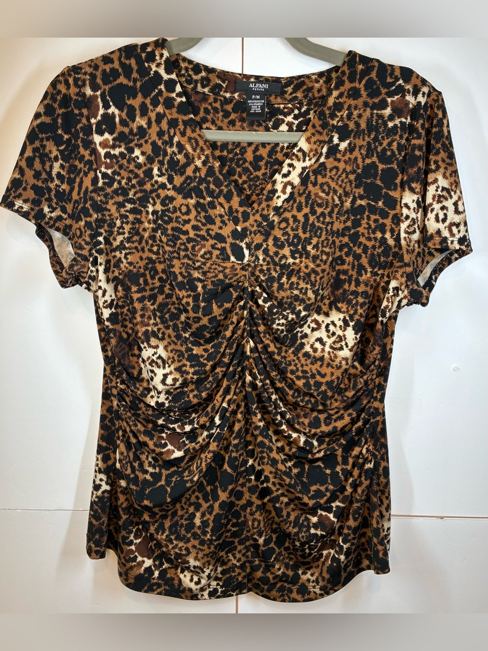 Alfani Animal Leopard Print Ruched Front V Neck Top Blouse Petite Medium P/M